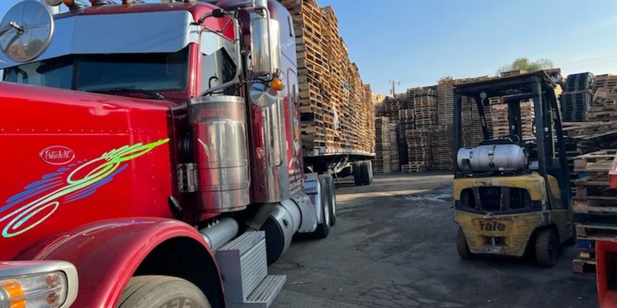Commercial semi truck trailer at logistics yard